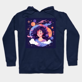 Woman with sweet dreams concept Young girl with galaxy and universe at hairs Hoodie